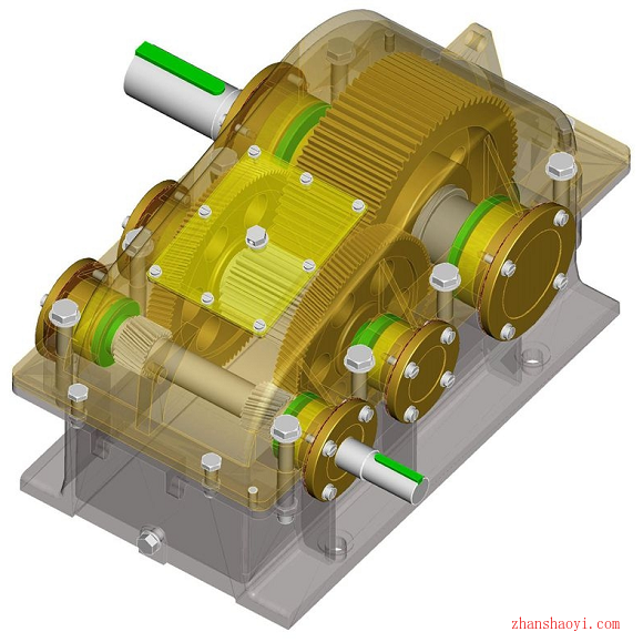 分流式二级圆柱直齿斜齿轮减速器3D模型(含源文件)