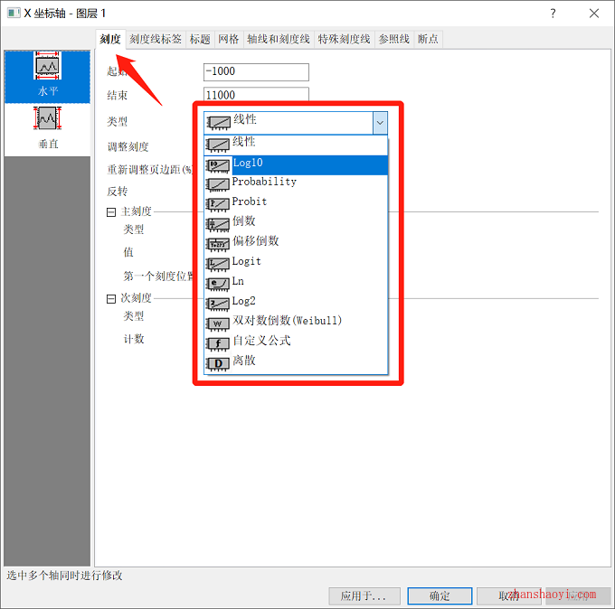 Origin如何设置坐标轴刻度类型？