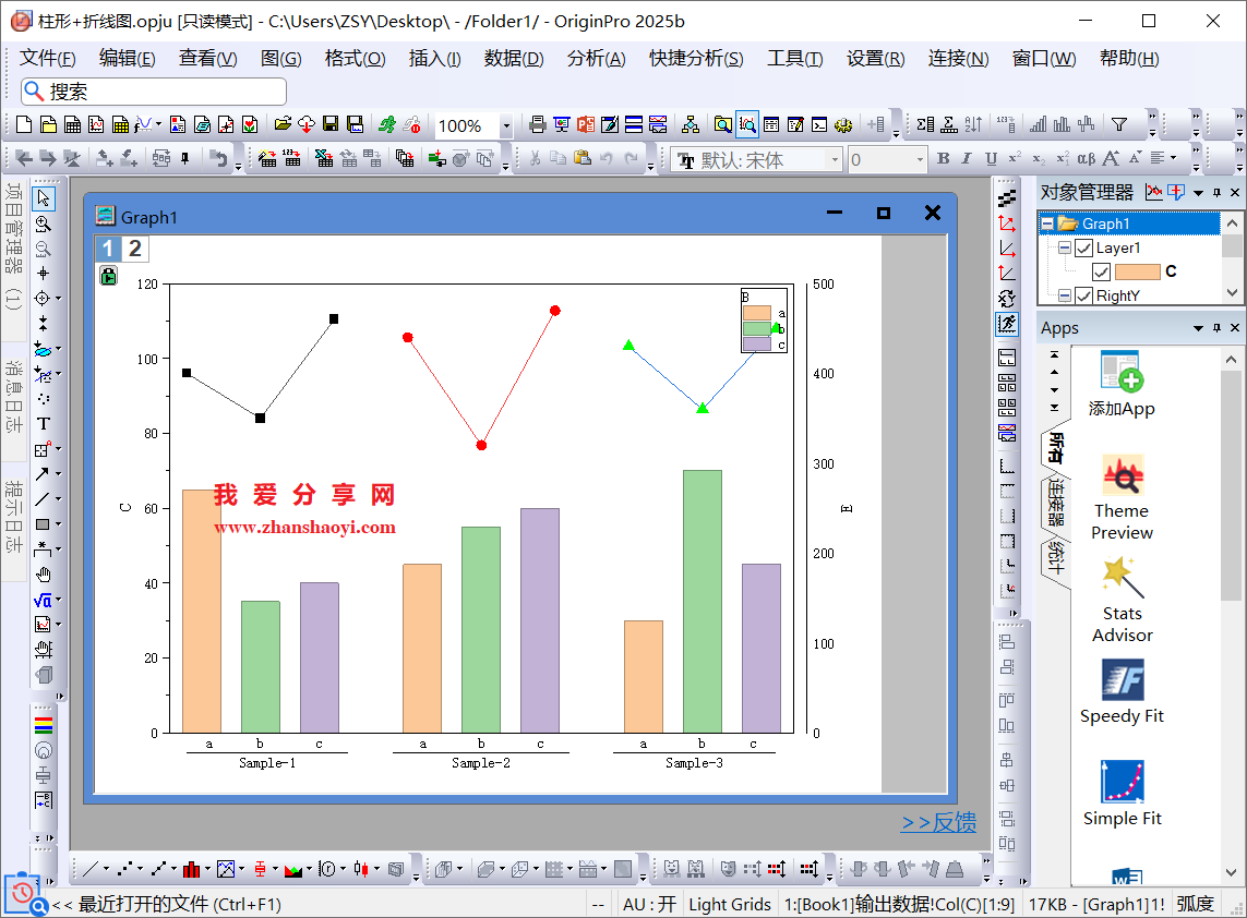 Origin 2025b图表技巧之柱状折线组合图,让不同组数据对比更加直观!