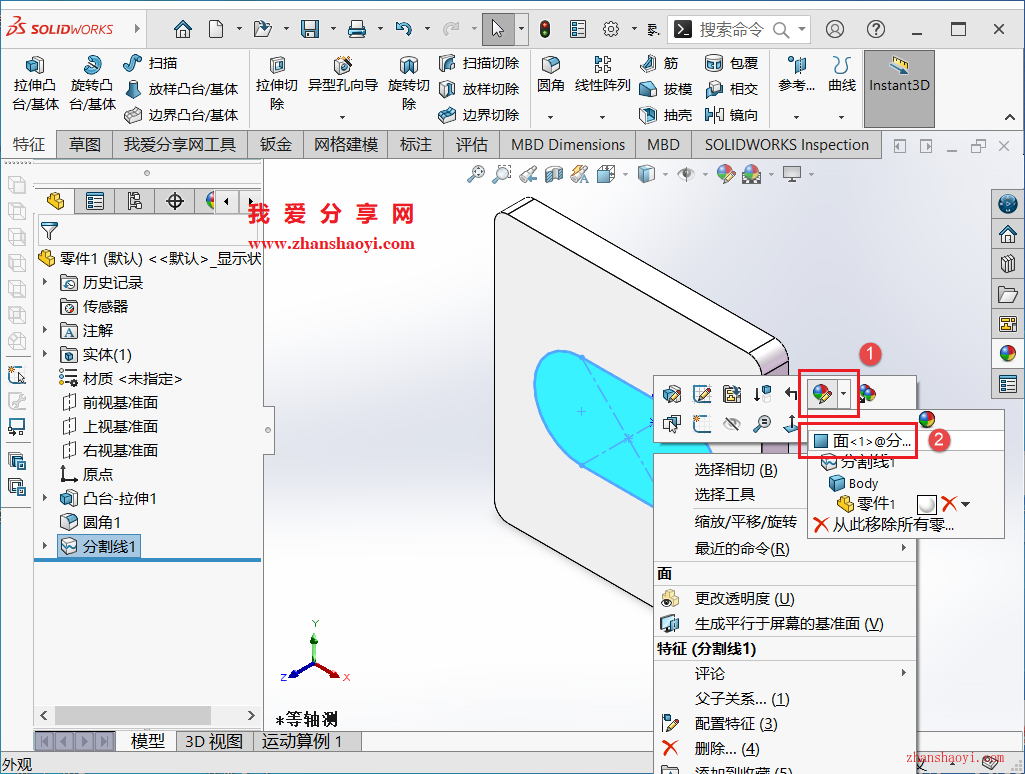 SolidWorks 2023中如何给零件一个面同时赋予不同的颜色？
