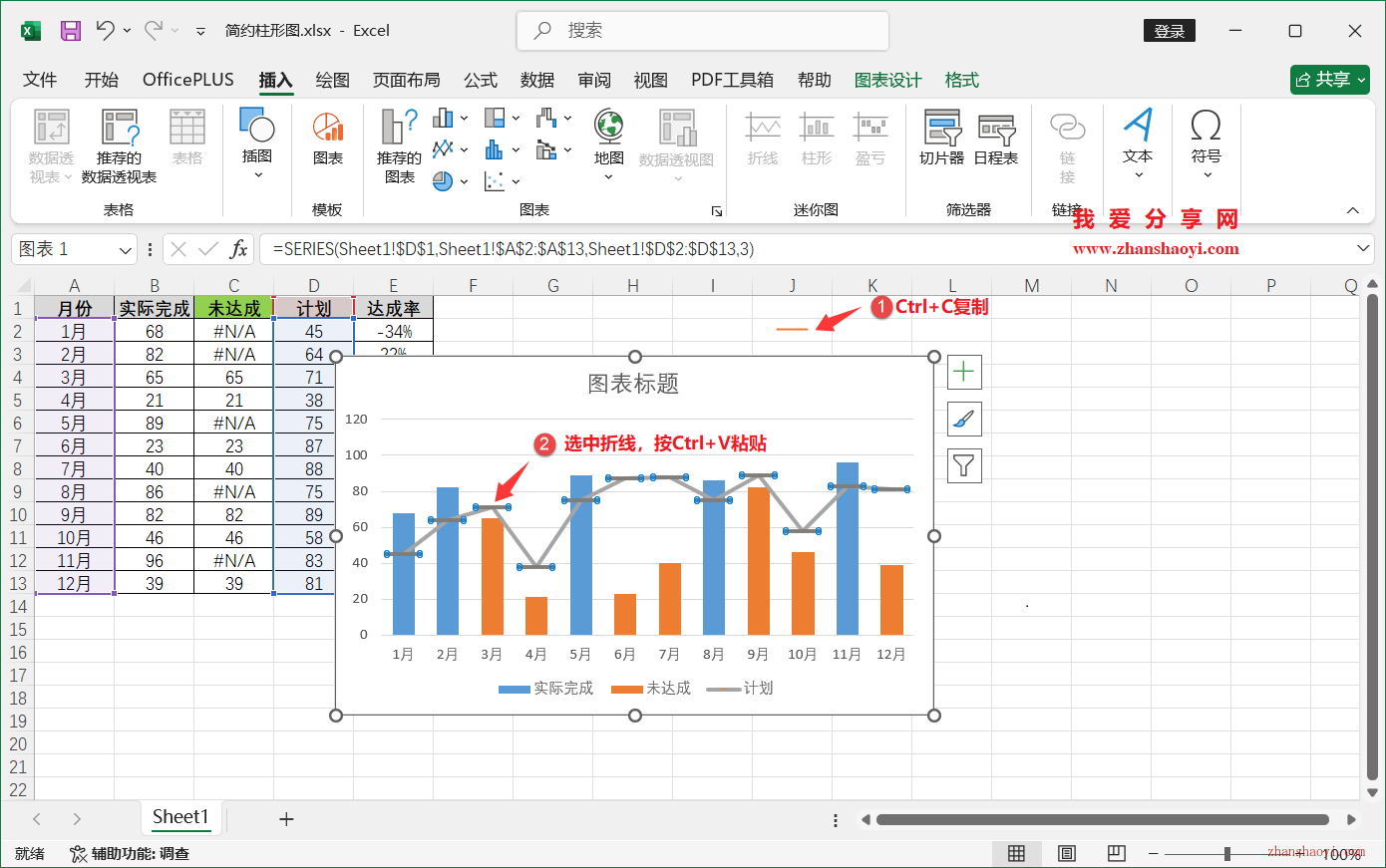 Excel 2024图表技巧之简约柱形图，直观突出显示出达成项