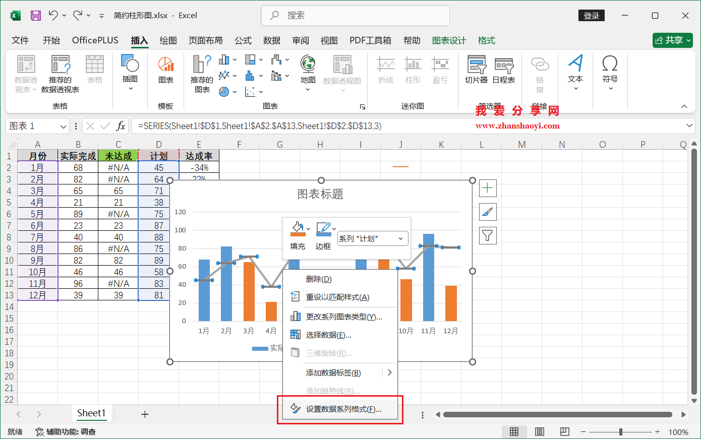 Excel 2024图表技巧之简约柱形图,直观突出显示出达成项