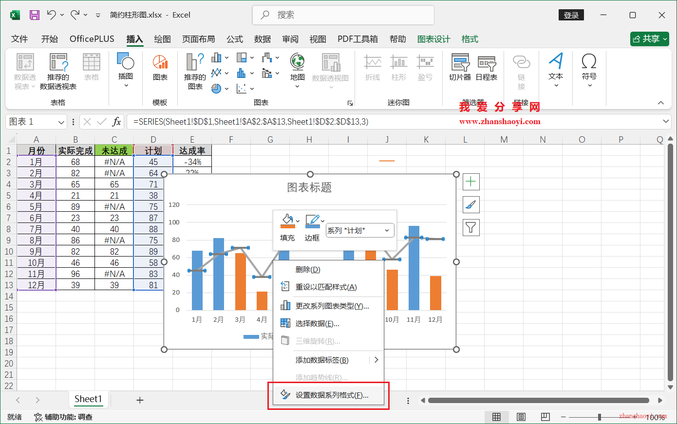 Excel 2024图表技巧之简约柱形图，直观突出显示出达成项