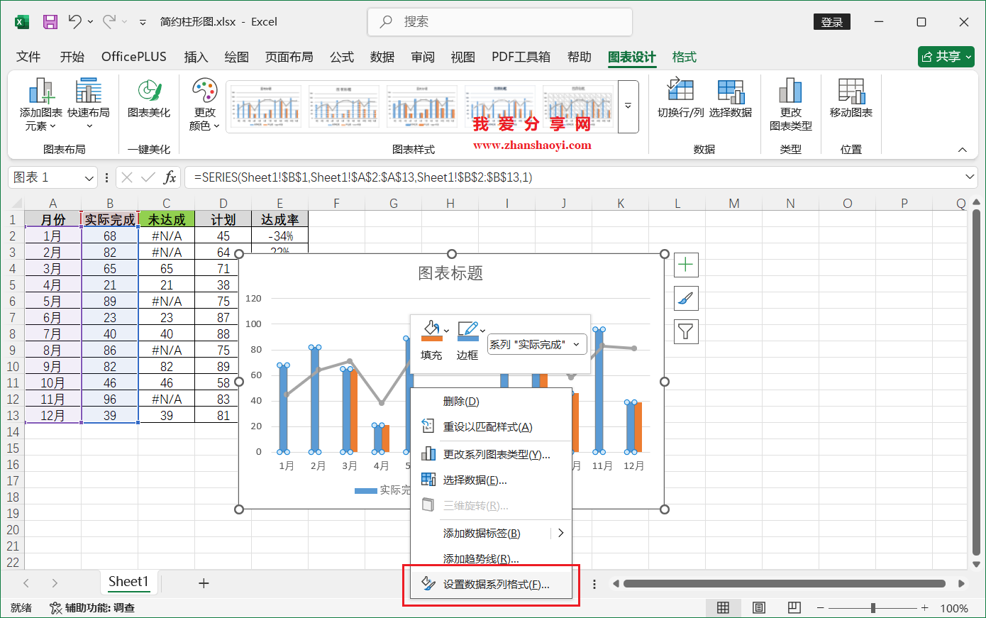 Excel 2024图表技巧之简约柱形图,直观突出显示出达成项