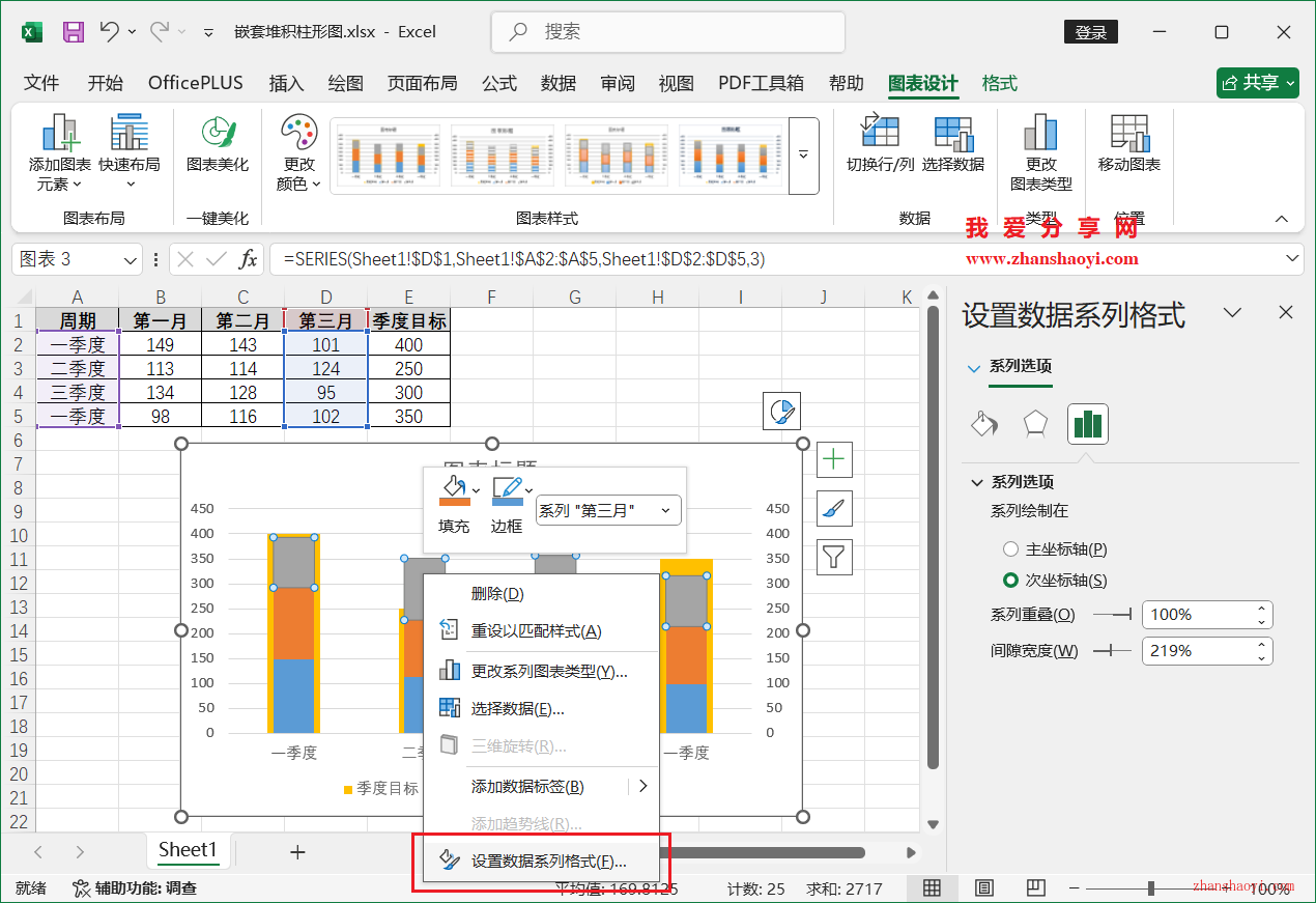 Excel 2024图表技巧之嵌套堆积柱形图，同时展示子项数据和总目标值