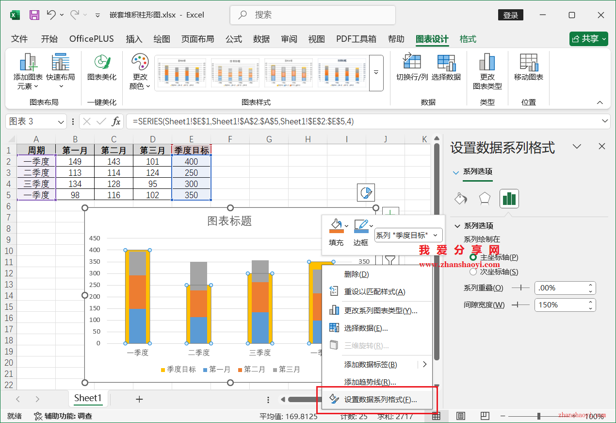 Excel 2024图表技巧之嵌套堆积柱形图，同时展示子项数据和总目标值