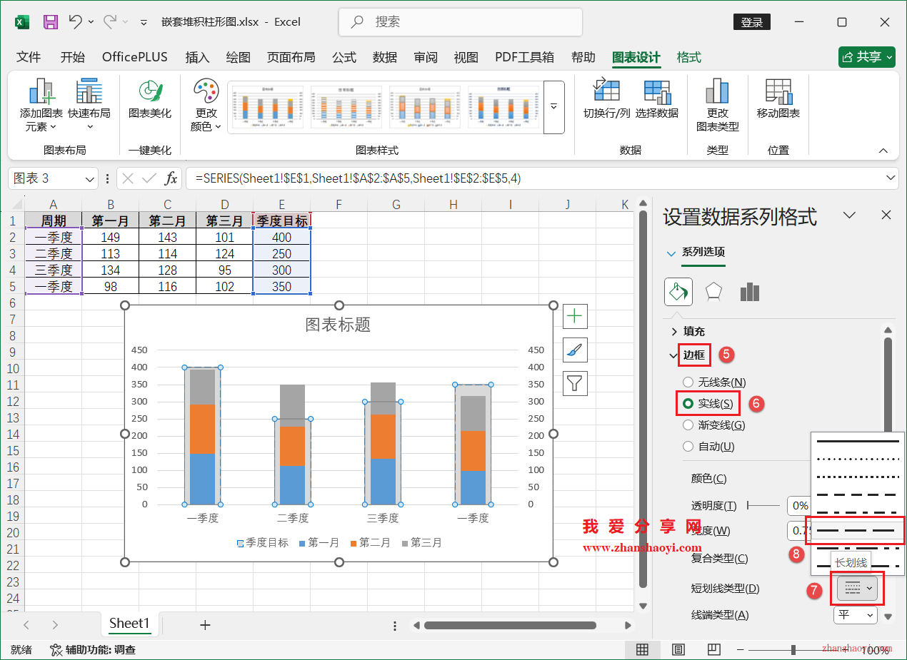 Excel 2024图表技巧之嵌套堆积柱形图，同时展示子项数据和总目标值