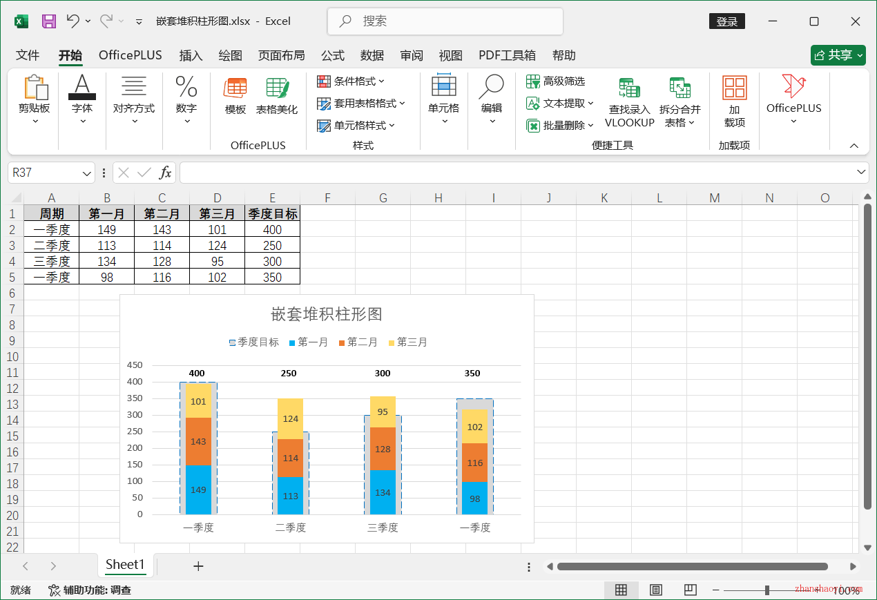 Excel 2024图表技巧之嵌套堆积柱形图，同时展示子项数据和总目标值