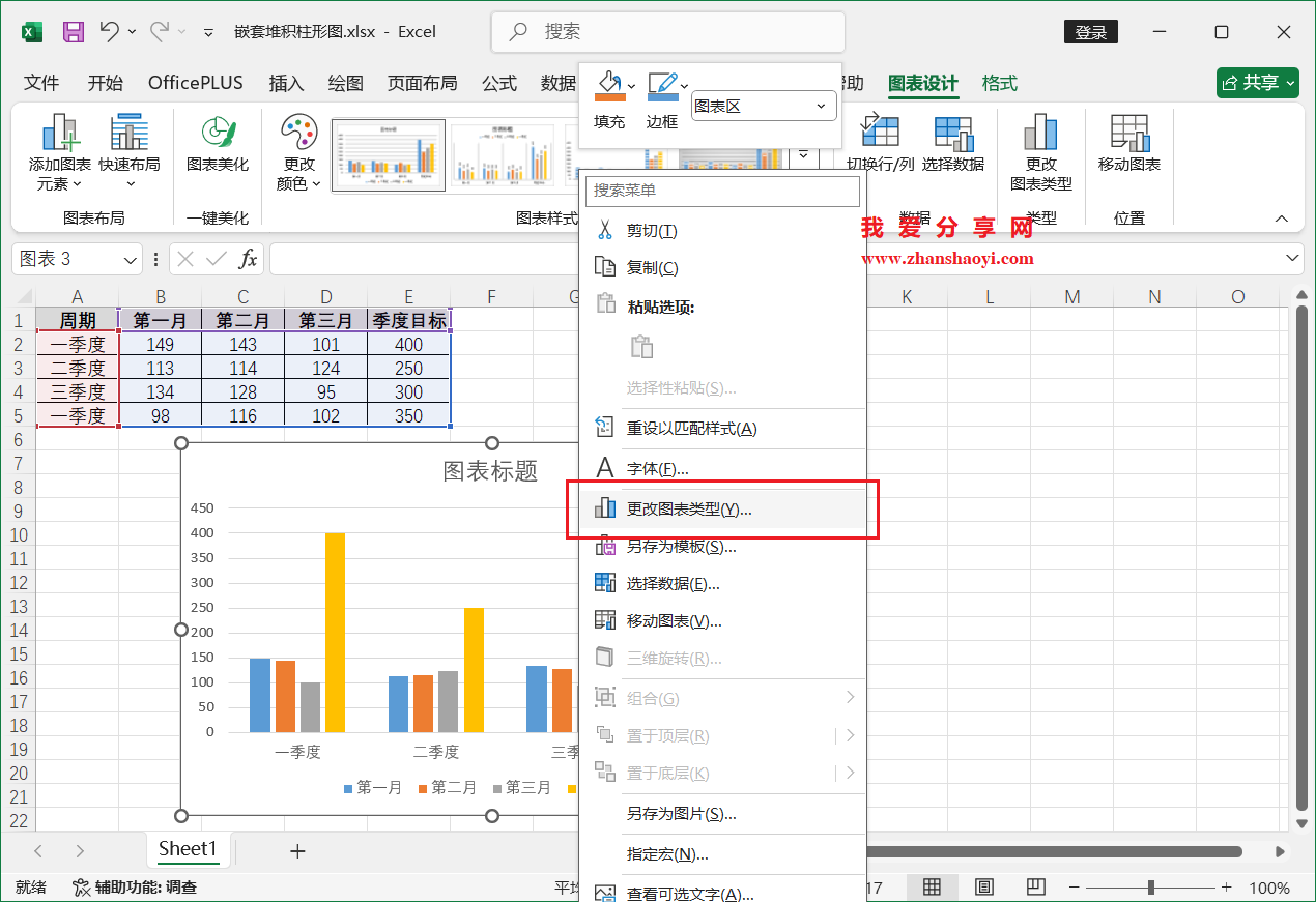 Excel 2024图表技巧之嵌套堆积柱形图,同时展示子项数据和总目标值