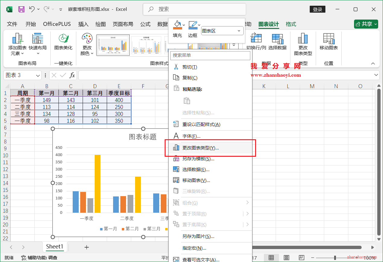 Excel 2024图表技巧之嵌套堆积柱形图，同时展示子项数据和总目标值