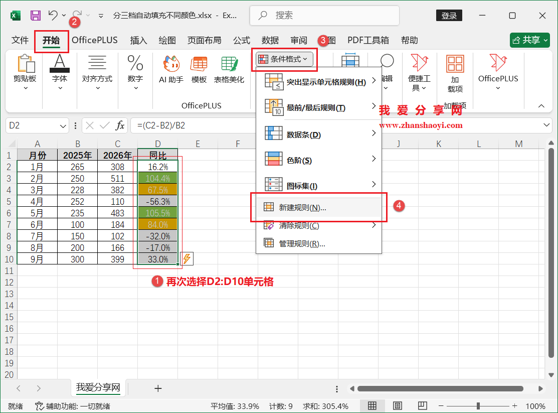 Excel 2024技巧之列表中按比例分三档自动添加不同颜色