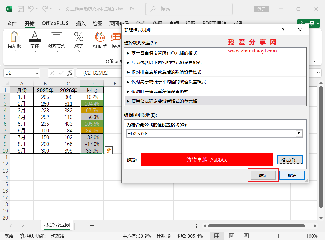 Excel 2024技巧之列表中按比例分三档自动添加不同颜色