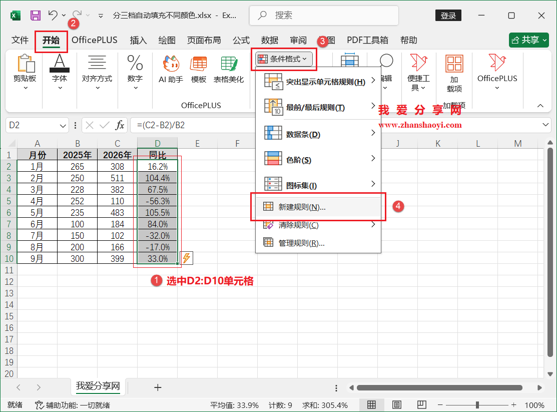 Excel 2024技巧之列表中按比例分三档自动添加不同颜色