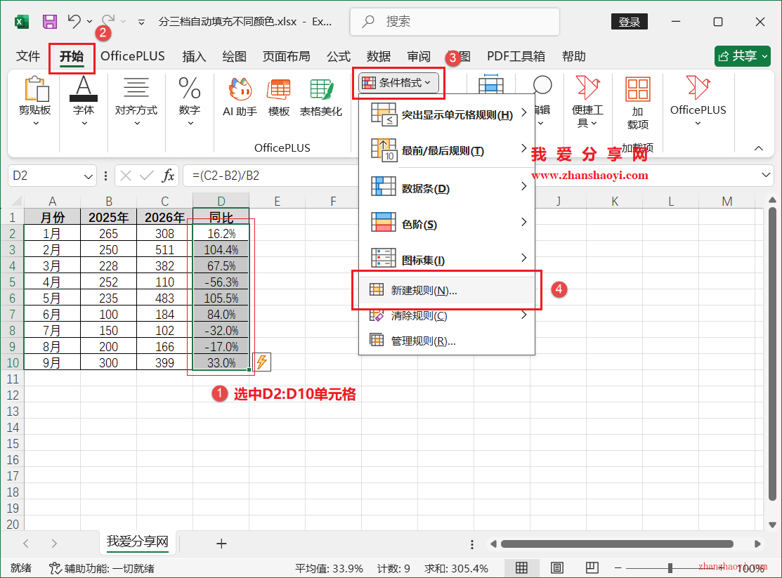 Excel 2024技巧之列表中按比例分三档自动添加不同颜色